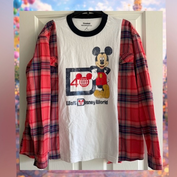 Handmade Tops - Custom Upcycled Mickey Mouse Disneyland Flannel Pullover Graphic Shirt OSFM OOAK